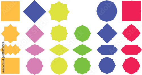 Vector illustration set of colorful geometric shapes and seamless patterns featuring vintage labels, retro art stickers, and decorative circular frames for creative paper design