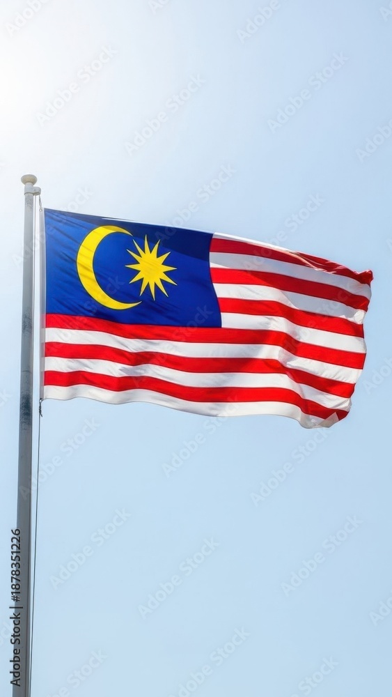 Fototapeta premium Malaysia Flag Waving Under Clear Sky