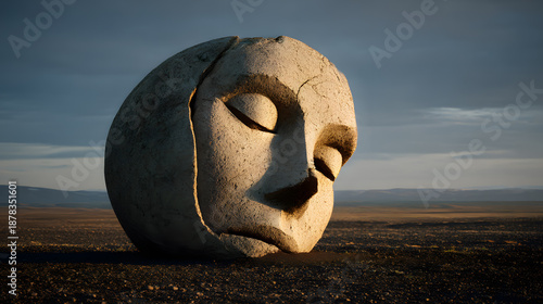 Ancient Stone Face in Desert: An aged stone head rests on the arid desert ground, exuding a sense of weathered resilience and quiet contemplation under a vast sky.