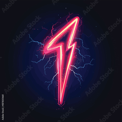 Stylized lightning bolt with red outline and accents on a dark blue background with other lightning , vector style simple color