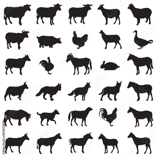 Collection of black animal silhouettes on white background featuring various farm and domestic animals high quality