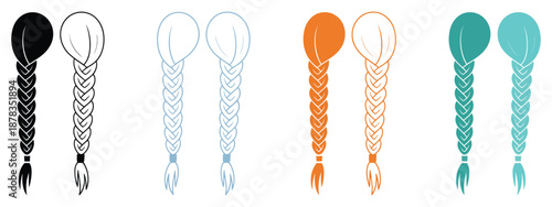 Hair braided silhouette icon featuring bun, braid, and wavy loose hairstyle, vector illustration of long female hair with ribbon.
