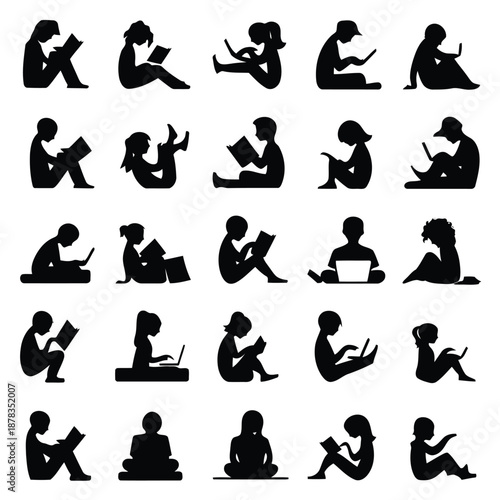 collection of black silhouettes of people sitting in various positions reading or using devices high quality