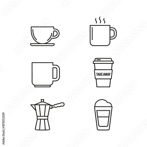 Modern outline icons set depicting various coffee and beverage containers for design projects