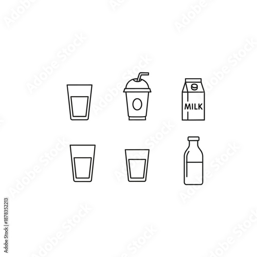 Outline icons of various drink containers: glasses, carton, bottle, and take-out cup for beverages