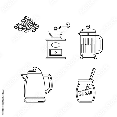 Outline vector icons of coffee preparation tools and ingredients for home brewing