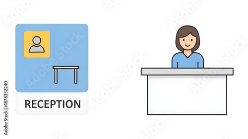 A smiling woman working at a reception desk with a sign in a modern office