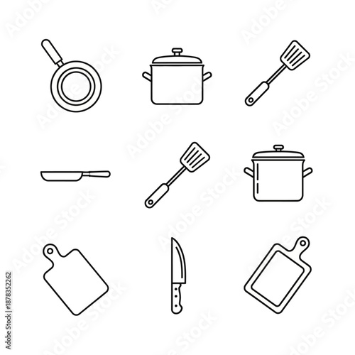 Collection of essential kitchen utensils and cookware icons for home cooking and food preparation