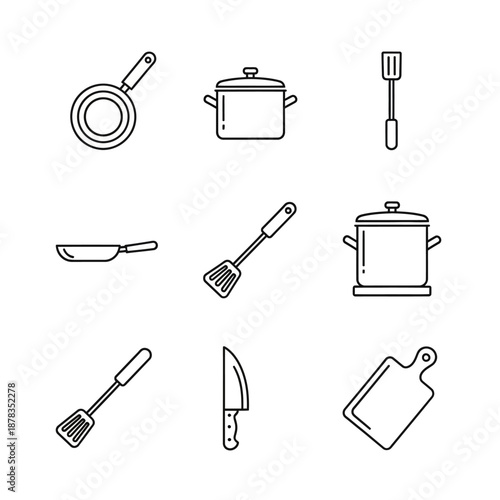 Vector Line Icons of Essential Kitchen Utensils for Culinary Tasks and Preparation