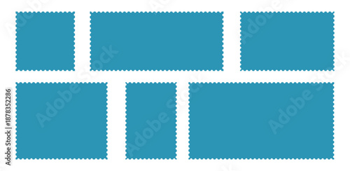 Set of Blank Blue Postage Stamp Shapes with Perforated Edges and Serrated Borders