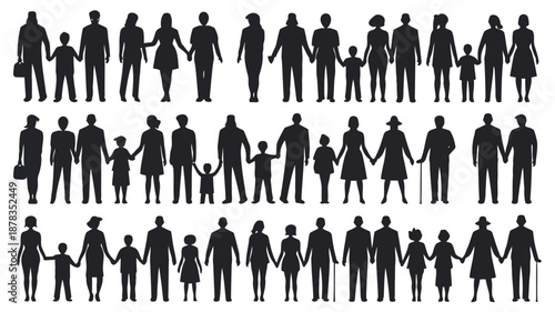 Diverse group of people standing together in rows holding hands or standing alone in black silhouette