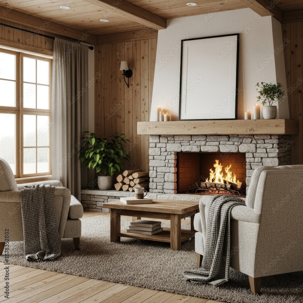 Fototapeta premium Cozy Living Room with Fireplace 7.