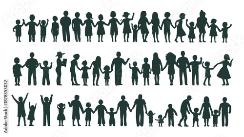 Diverse family groups and individuals in various poses and relationships together high quality professional detailed modern