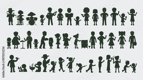 various silhouettes of people in different poses and activities in three rows high quality professional detailed
