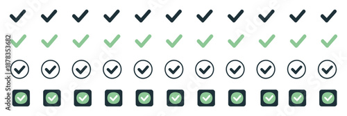 Green check mark and red cross icons, vector symbols in circle and square style, representing approval, rejection, and verification.