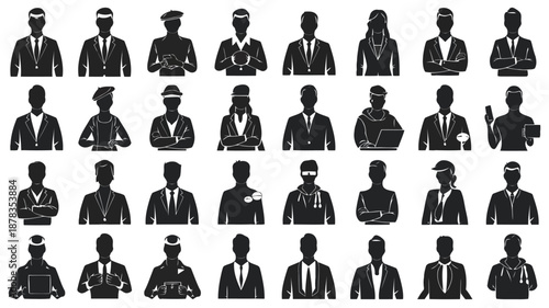 Collection of various professional silhouettes in different poses and attire on a white background high quality