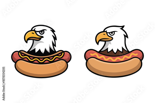 Two Angry Cartoon Eagles Perched on Hot Dogs with Mustard