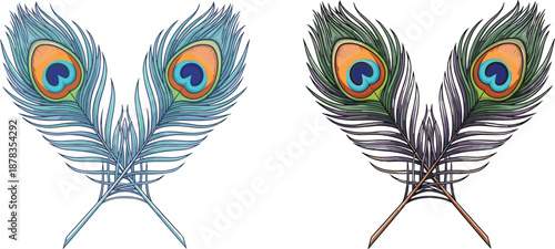 Symmetrical peacock feather pair illustration, blue and green bird plumage, elegant decorative vector design, isolated on white background
