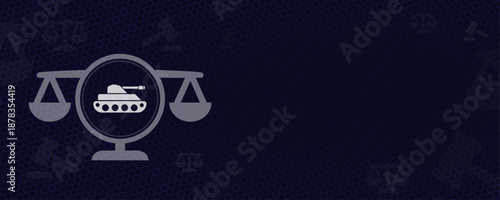 Military Law and International Defense Regulations Concept with Tank Icon and Scales of Justice Vector Background with Copy Space for Martial Law