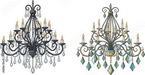 Luxury crystal chandelier illustration, elegant vintage ceiling lamp design, classic interior lighting decor element, detailed ornate style, isolated on white background