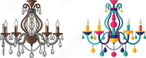 Decorative chandelier illustration, luxury lighting design, colorful and vintage style lamp, elegant interior decor element, isolated on white background