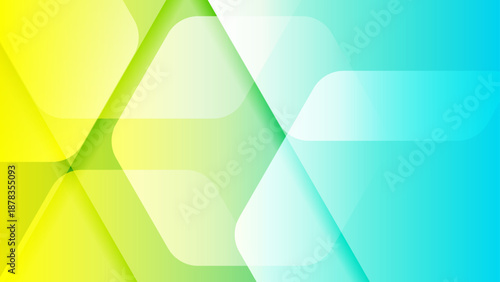 Modern abstract background featuring translucent hexagonal shapes layered over a bright yellow to cyan blue color transition
