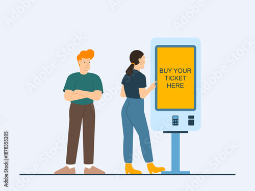 People using a self-service machine to purchase tickets. Commuter illustration. Flat vector concept.