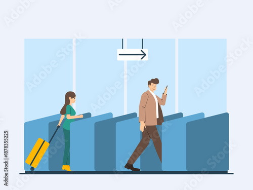Passenger activities at the airport. Commuter illustration. Flat vector concept.