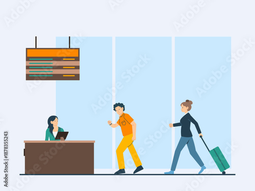 Some people at a check-in counter in airport. Commuter illustration. Flat vector concept.