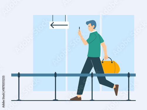 A man walks hurriedly towards the airport or transit station. Commuter illustration. Flat vector concept.