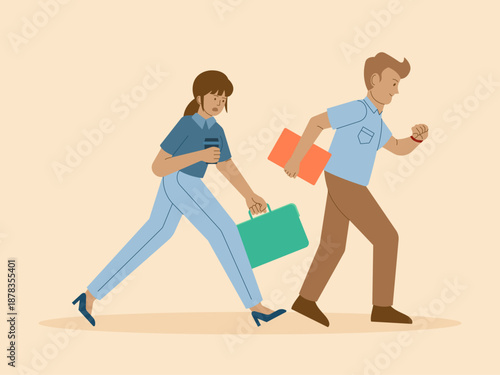 Two business people who appear to be in a hurry or rushing to an office. Busy People illustration. Flat vector concept.