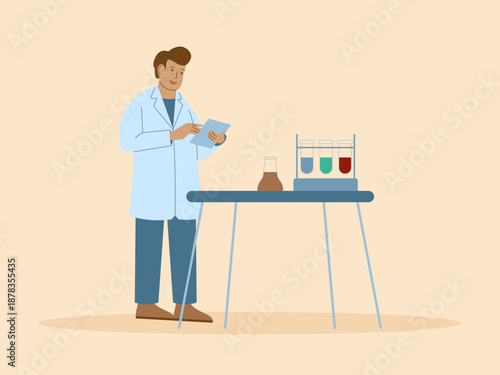 A scientist or laboratory worker conducting research or an experiment in a lab. Busy People illustration. Flat vector concept.
