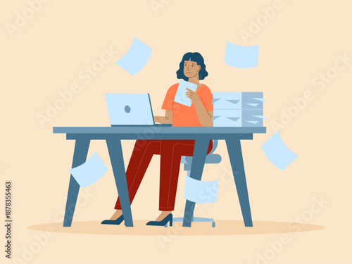 A business worker looks tired and stressed at his office desk. Busy People illustration. Flat vector concept.