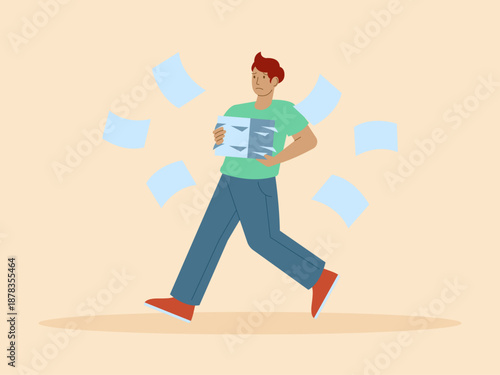 Man worker struggling with a heavy workload and excessive paperwork. Busy People illustration. Flat vector concept.