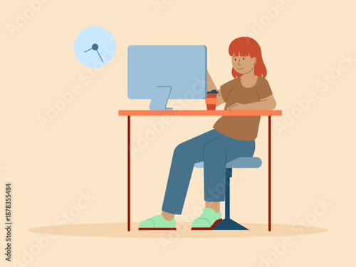 A woman working overtime sits at a desk and works on a computer. Busy People illustration. Flat vector concept.