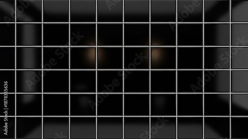 Glossy black square tiles with thin white grout lines, creating a sleek and modern geometric pattern background.