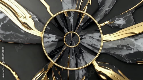 Abstract black marble surface with gold rings and beams.