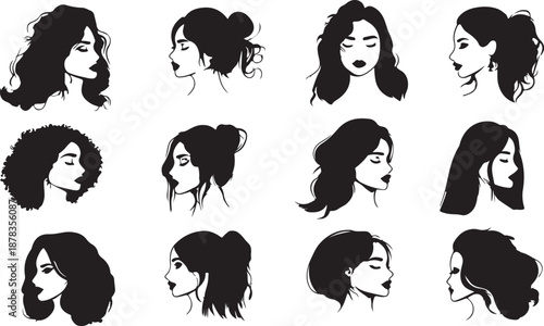 A set of beauty avatar icons featuring a diverse collection of women and child faces with various curly hair styles in a black vector silhouette art design