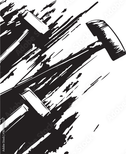 A 3d vector illustration featuring a grunge abstract black and white background with a business design concept merging piano music symbols and modern technology art icons