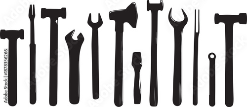 Set of industrial work tools including a hammer, wrench, pliers, and screwdriver isolated on white for construction repair and carpentry hardware equipment