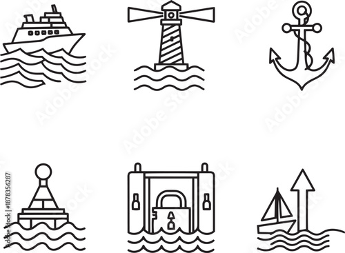 Nautical ship lighthouse anchor buoy lock gate sailboat