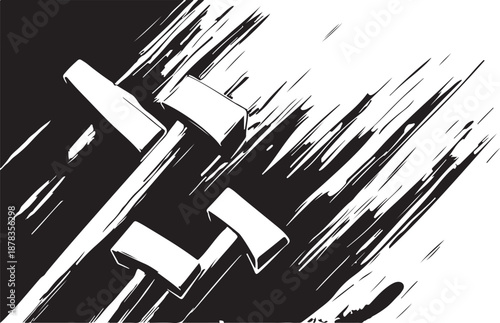 Abstract black and white grunge background featuring a sharp metal tool set with a steel pen and artistic brush vector design for business concepts