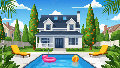 Scenic winter vector illustration A lumberjack splits firewood near a cozy cabin nestled in a snowy mountain landscape at sunrise