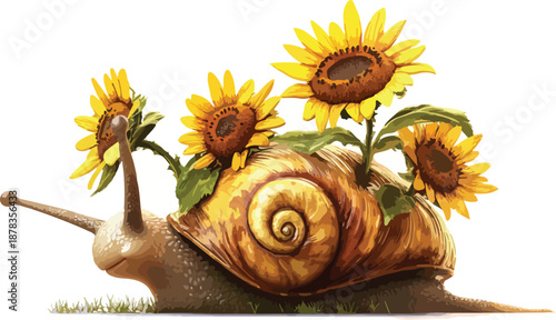 A small garden snail crawls across the vibrant yellow petals of a blooming sunflower in a sunny summer field under a clear sky, showcasing the natural beauty of flora and agriculture
