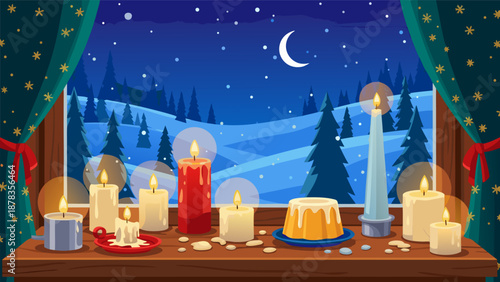 Warm glow of flickering candles and a festive cake on a cozy windowsill overlooking a serene snowy winter night landscape adorned with fir trees and a crescent moon