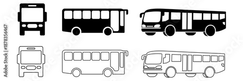Set of bus icon vector for travel designs. Ideal for school buses, city transit, tour coaches, public transport, and vehicle silhouette symbols.