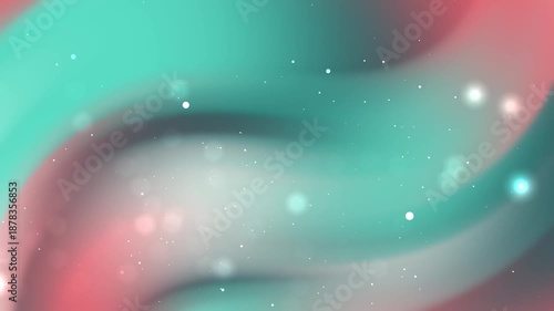 A cinematic fluid wave animation with teal and pink gradients enhanced by floating light particles and soft bokeh