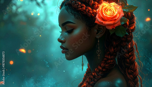 Fantasy portrait of black woman with glowing orange rose in braided hair