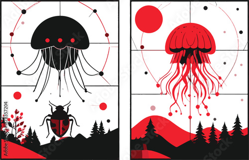 PrintDecorative jellyfish illustration abstract cosmic nature graphic high resolution vector