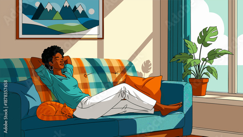 Peaceful Black woman relaxing comfortably on a cozy sofa in a sunlit living room at home, a serene vector illustration depicting domestic bliss